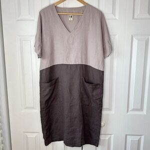 NWOT Len Ok Linen Lagenlook Colorblock Cocoon Dress Tunic Pockets Medium M Boho